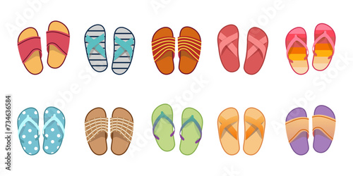 Vector summer slippers set, flat design. Vietnamese flip flops on white background. Vietnamese slates shoes for beach. Flip flops summer shoes illustration, view from above.