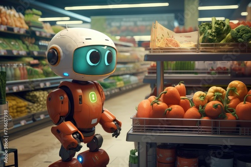 Super cute Robot in the supermarket buying vegetables, Delivery concept, Ai generated