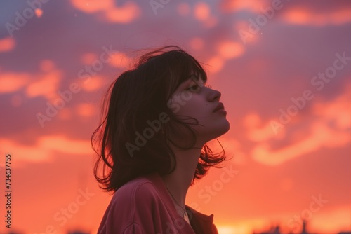 A young brunette with a short haircut stands in profile against the background of the sunset sky. Clouds in pink and peach tones. Summer evening.  © Anastasiia