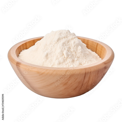 pile of finely dry organic fresh raw coconut flour powder in wooden bowl png isolated on white background. bright colored of herbal, spice or seasoning recipes clipping path. selective focus