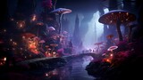 A surreal, dreamlike forest with towering, luminous mushrooms amidst a mystical purple haze