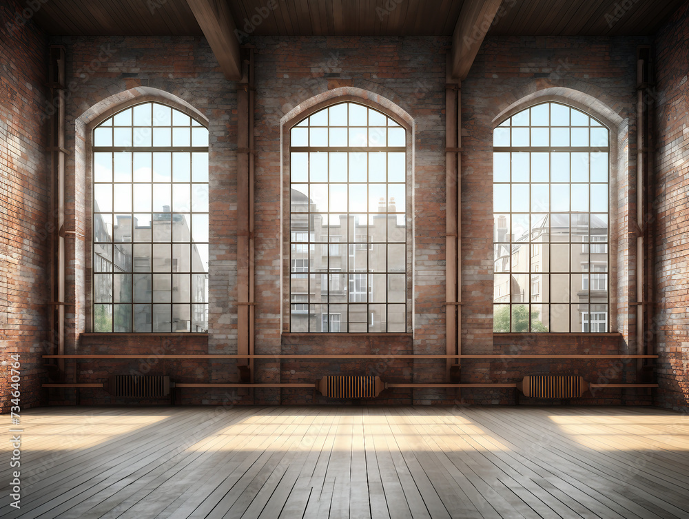 Old abandoned building with brick walls and large windows Old abandoned building with brick walls and large windows