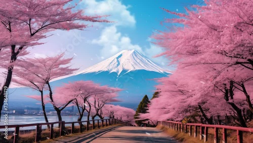 viewed from rural prefecture. beautiful nature background with volcanic mountain and cherry blossom. seamless looping overlay 4k virtual video animation background  photo
