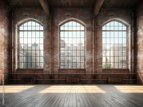 Ｏld abandoned building with brick walls and large windows