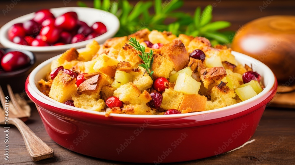 A bowl of cranberry and apple stuffing
