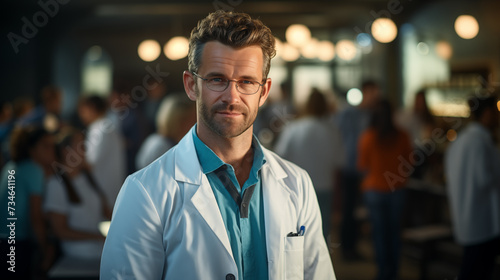 Portrait of a doctor in uniform against the background of a medical team. The doctor looks at the camera. Background with bokeh effect. AI generative