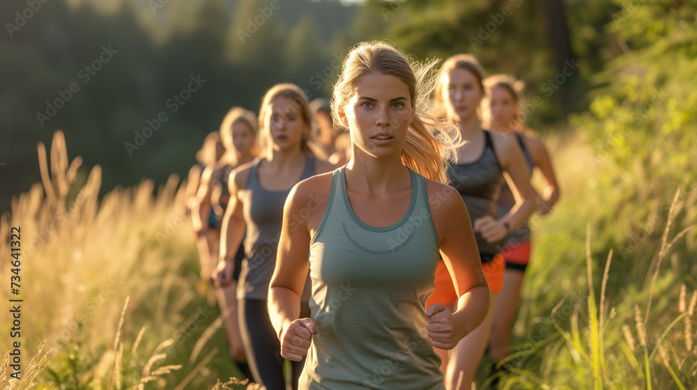 Group of women running on a trail in the mountains.