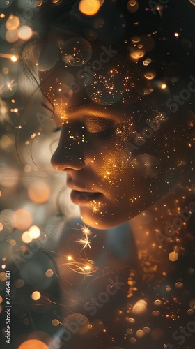 Portrait of a girl in warm backlighting. Sparklers, long exposure, glitter particles, dreamy lighting, cinematic lens effect.