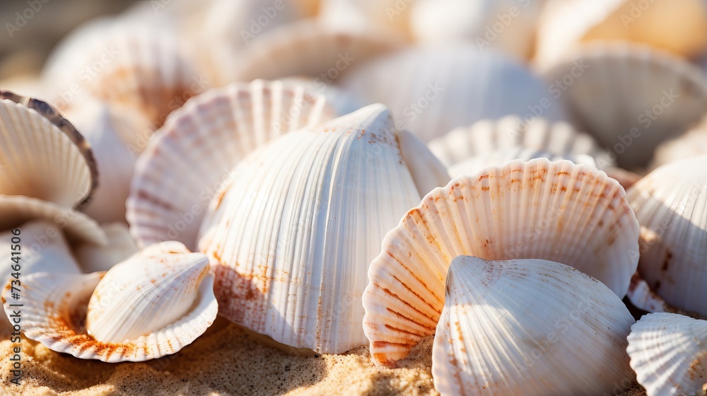 A closeup of textured seashells on the shore A closeup of textured seashells on the shore