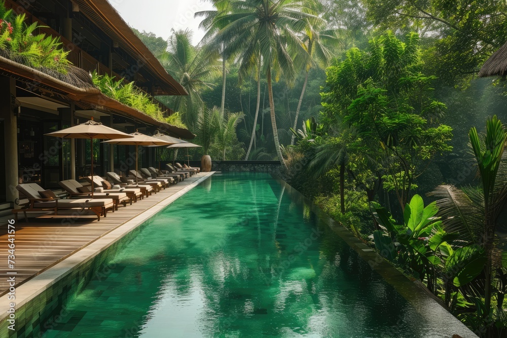 A lavish hotel suite boasts a sparkling swimming pool surrounded by vibrant green foliage, creating a serene ambiance.