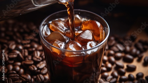 A coffee bean plunging into a cup of cold brew