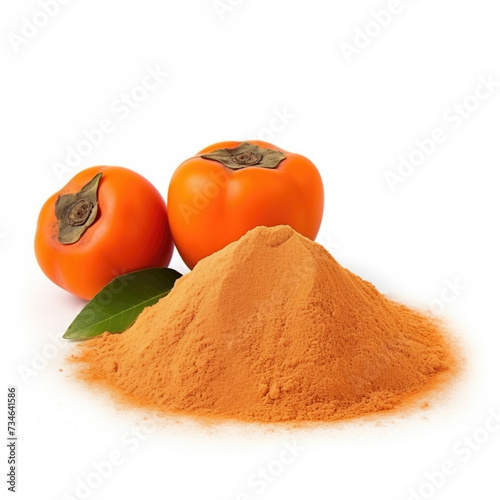 close up pile of finely dry organic fresh raw persimmon powder isolated on white background. bright colored heaps of herbal, spice or seasoning recipes clipping path. selective focus photo