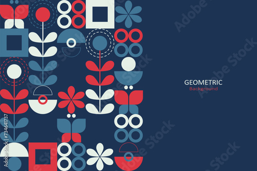 Geometric design with blue red, and white on a dark blue background, arrange the elements on the left-hand side with copy space for text. Vector Illustration.