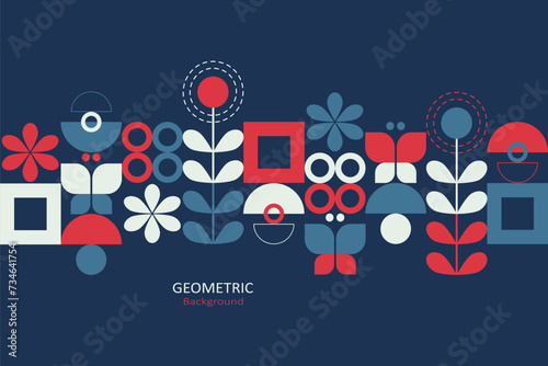 Geometric design with blue red, and white on a dark blue background, arrange the elements for copy space for text. Vector Illustration.