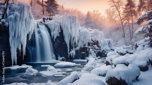 A frozen waterfall in a winter landscape