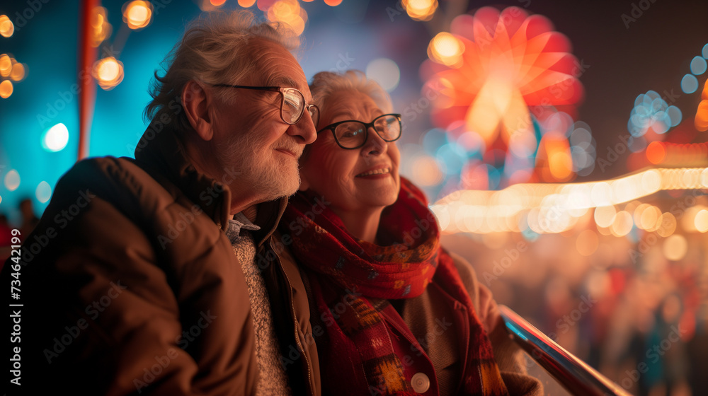 Fototapeta premium Senior couple enjoying a ride at amusement park at night.