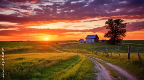 A rural landscape aglow with the setting sun