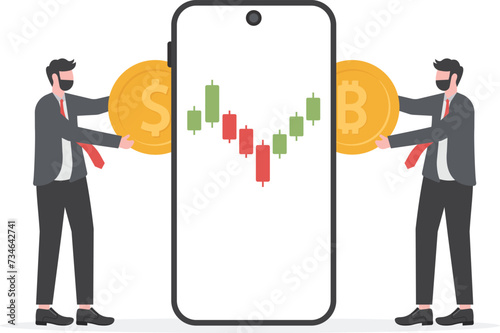 businessmen exchange bitcoins with dollar coin. Flat vector illustration concept design.

