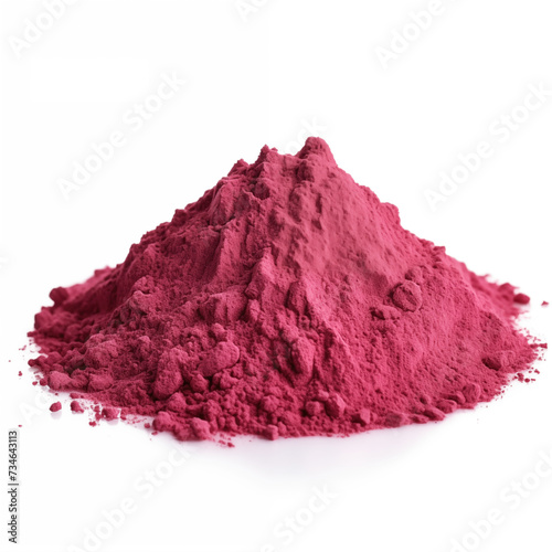 close up pile of finely dry organic fresh raw pitaya powder isolated on white background. bright colored heaps of herbal, spice or seasoning recipes clipping path. selective focus photo