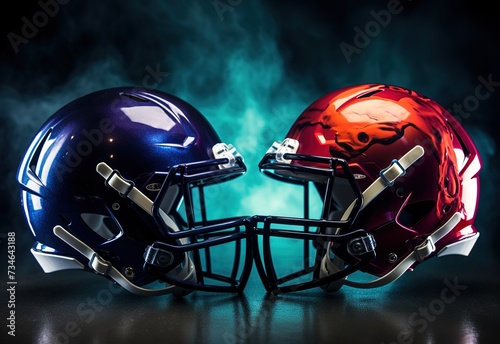Two football helmets with red and blue helmets on a background