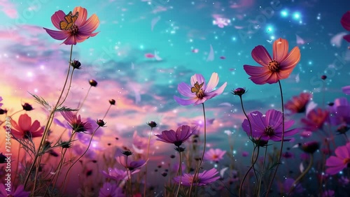 beautiful of cosmos at sky. flowers background with beautiful sky.  seamless looping overlay 4k virtual video animation background 