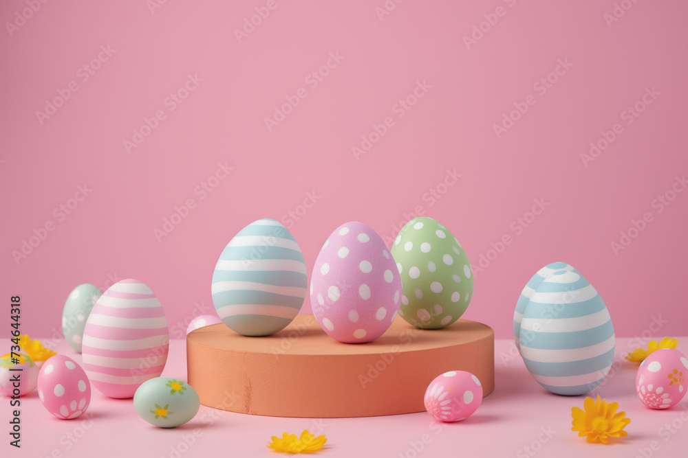 Pastel Easter eggs with patterns on a podium, pink background.