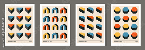 Set of minimalist 20s geometric design posters with primitive shapes