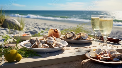A beachside picnic table with seafood and seashells