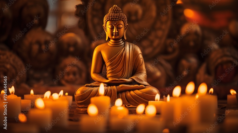 A buddha sculpture bathed in the soft light of candles
