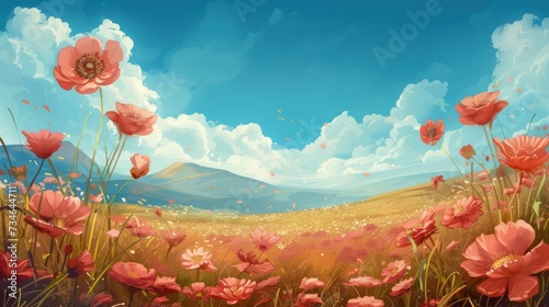Beautiful spring meadow with red poppies. Vector illustration