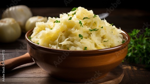 A closeup of a bowl of savory sauerkraut