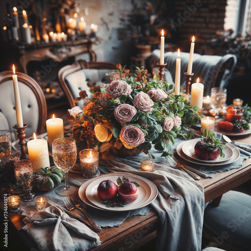 a table set for a dinner with candles and flowers, a stock photo  shutterstock contest winner, romanticism, stockphoto, stock photo, photo taken with nikon d750