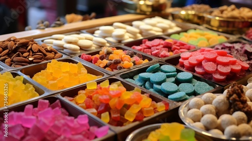 A colorful assortment of indian sweets on display at a dessert shop