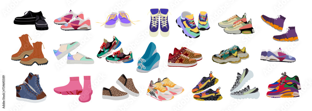 Fashion sneakers set, Modern sports shoes with different shapes and colors, Trendy sportswear for man and woman, Footwear designs. Vector colorful illustrations isolated on transparent background.