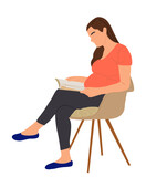 Pregnant woman sitting on armchair reading book, side view. Pretty pregnant girl in cozy home clothes cartoon character. Vector colorful flat illustration isolated on transparent background.
