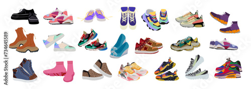 Fashion sneakers set, Modern sports shoes with different shapes and colors, Trendy sportswear for man and woman, Footwear designs. Vector colorful illustrations isolated on transparent background.