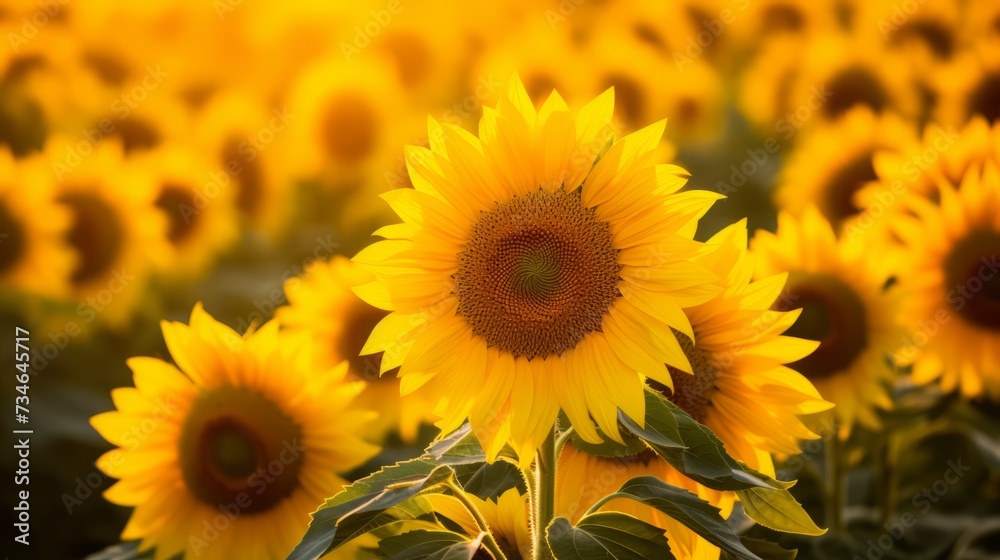 A field of golden sunflowers basking in sunlight A field of golden sunflowers basking in sunlight