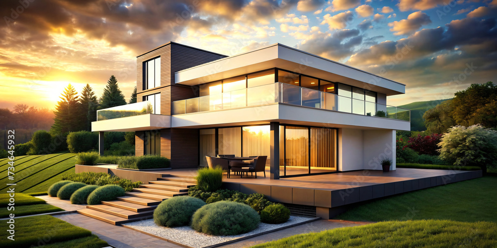 Obraz premium Sunset Glow Over House in Village