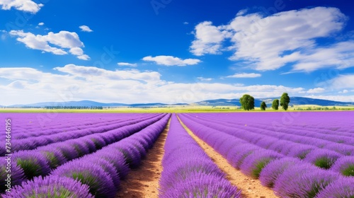 A lavender field in full bloom under a blue sky