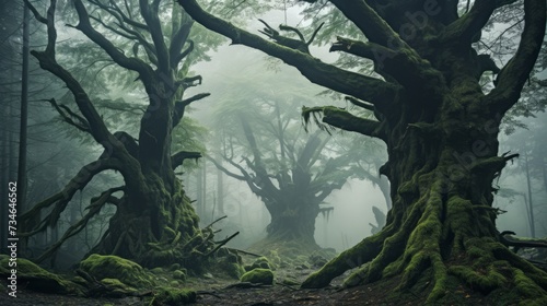 A misty  ancient forest with gnarled tree trunks
