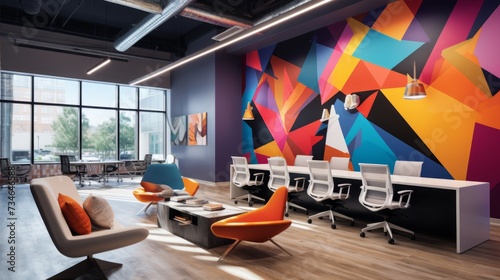 Fototapeta Naklejka Na Ścianę i Meble -  A modern office with colorful accent walls and artwork