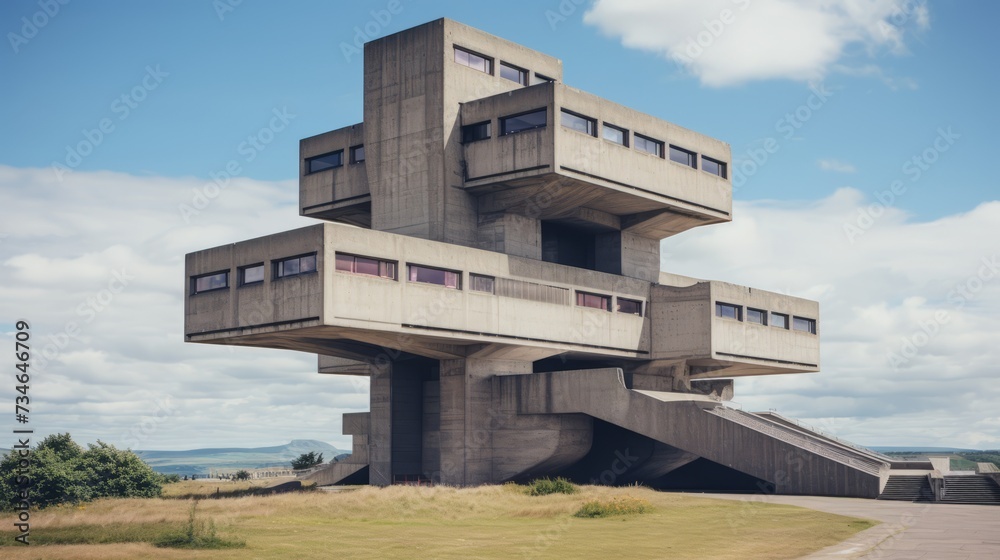 A monolithic brutalist structure rising against a clear sky A monolithic brutalist structure rising against a clear sky