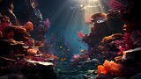 A surreal underwater scene with coral reefs teemingwith colorful marine life