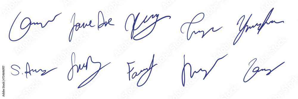 Set of fake autographs, signature. Hand writing, blue ink pen. Vector Set of fake autographs, signature. Hand writing, blue ink pen. Vector