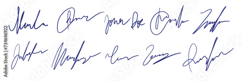 Set of fake autographs, signature. Hand writing, blue ink. Vector
