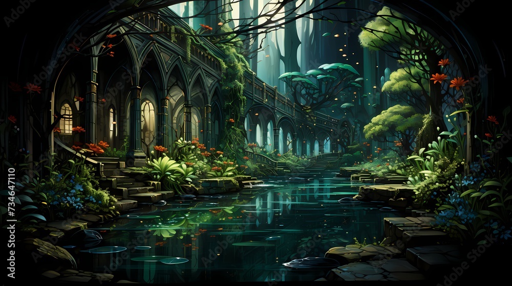 A surreal underwater scene with exotic fish swimming in a sea of emerald green A surreal underwater scene with exotic fish swimming in a sea of emerald green