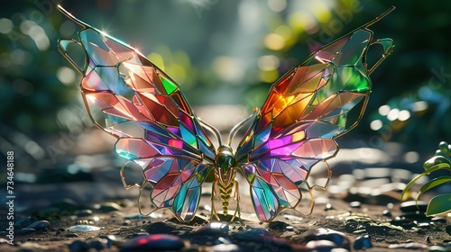 large stunningly beautiful fairy wings Fantasy abstract paint colorful butterfly sits on garden.The insect casts a shadow on nature.The insect has many geometric angles © Jennifer
