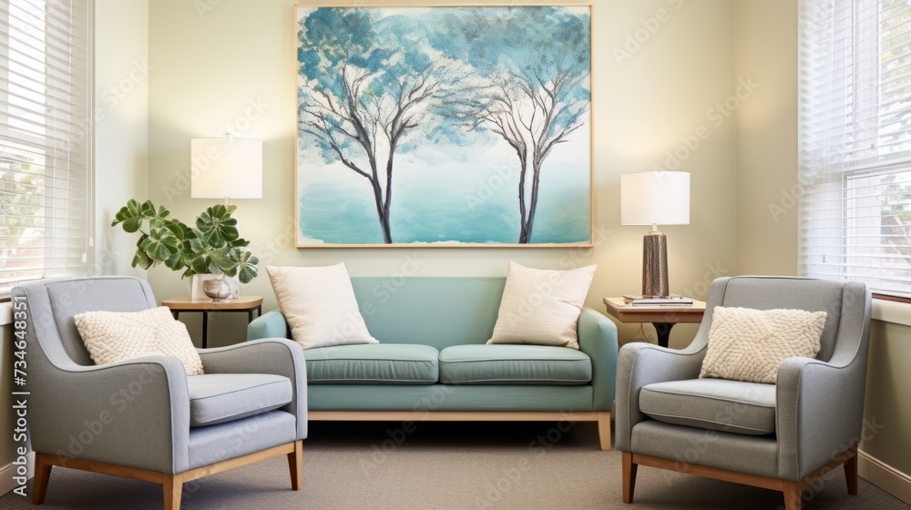 A therapist's office with calming artwork on the walls A therapist's office with calming artwork on the walls