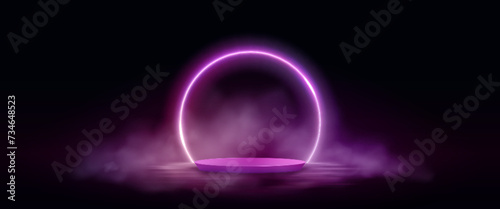 Pink neon glowing circular arch frame with cylinder product podium and smoke over water surface with reflections. Realistic vector illustration of round platform with bright ring border and fog cloud.