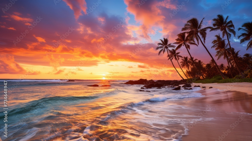 A tropical beach at sunset with vibrant colors
